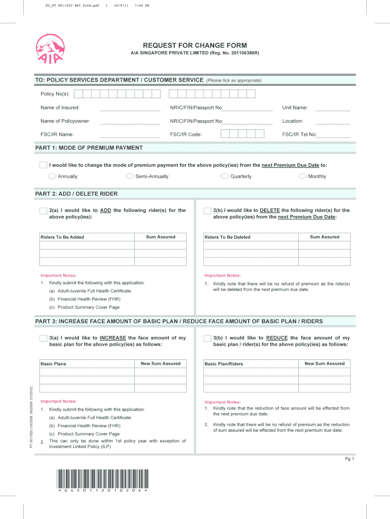 Fillable Online AIA SINGAPORE PRIVATE LIMITED (Reg Fax Email Print