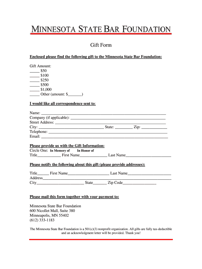 Fillable Online Gift Form Minnesota State Bar Association Fax Email