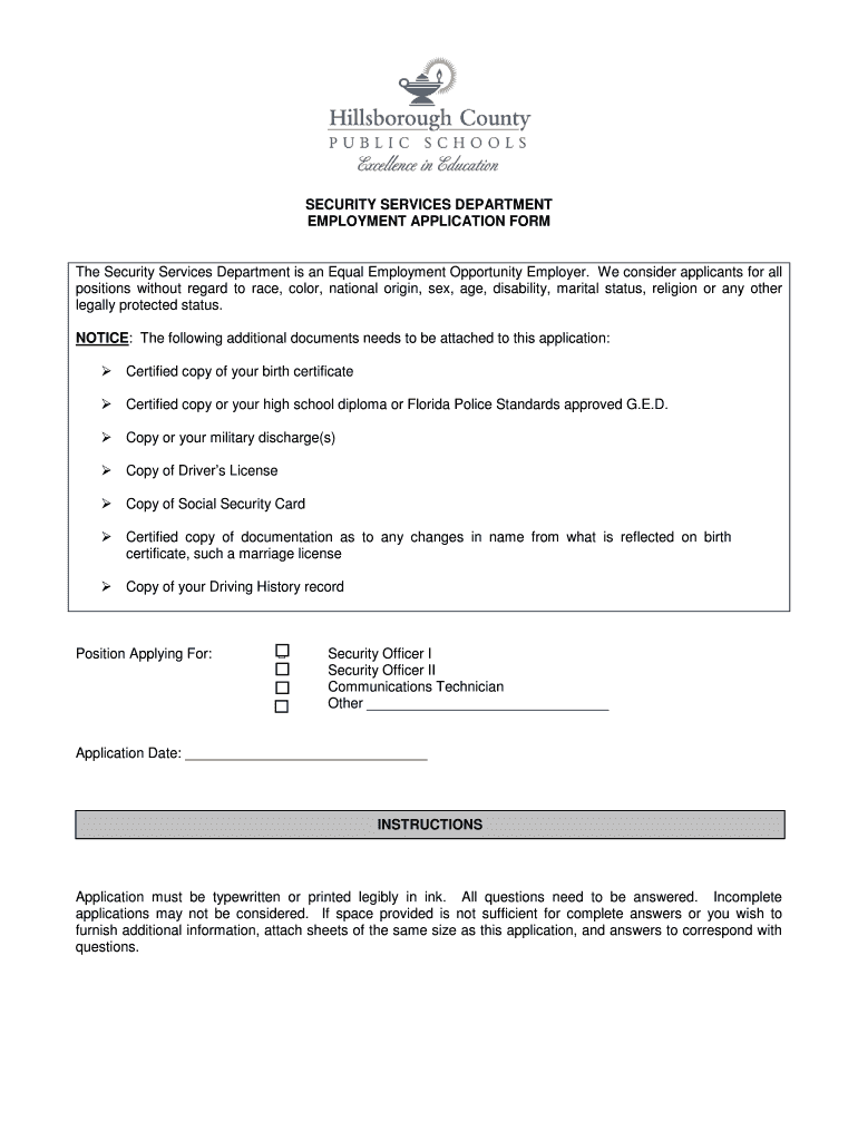 Fillable Online Employment Application 2010 Form Hillsborough County