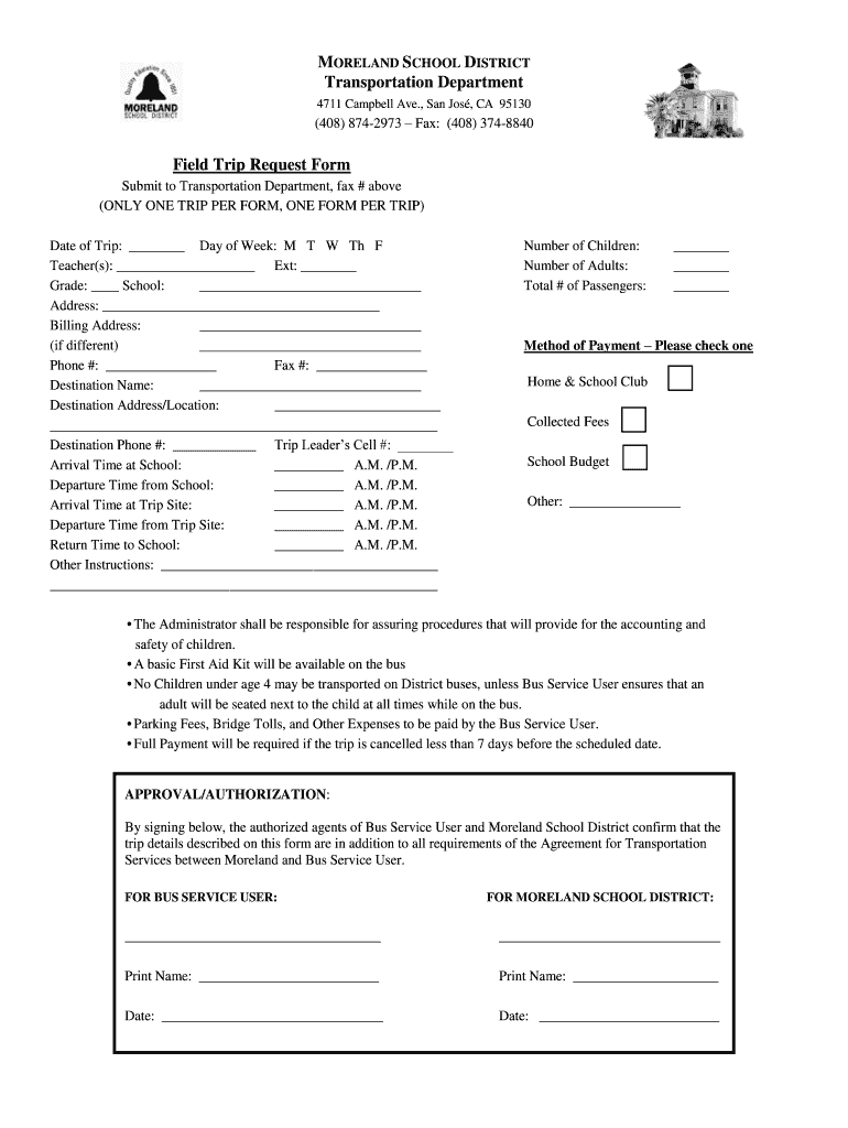 Fillable Online moreland k12 ca Field Trip Request Form Moreland