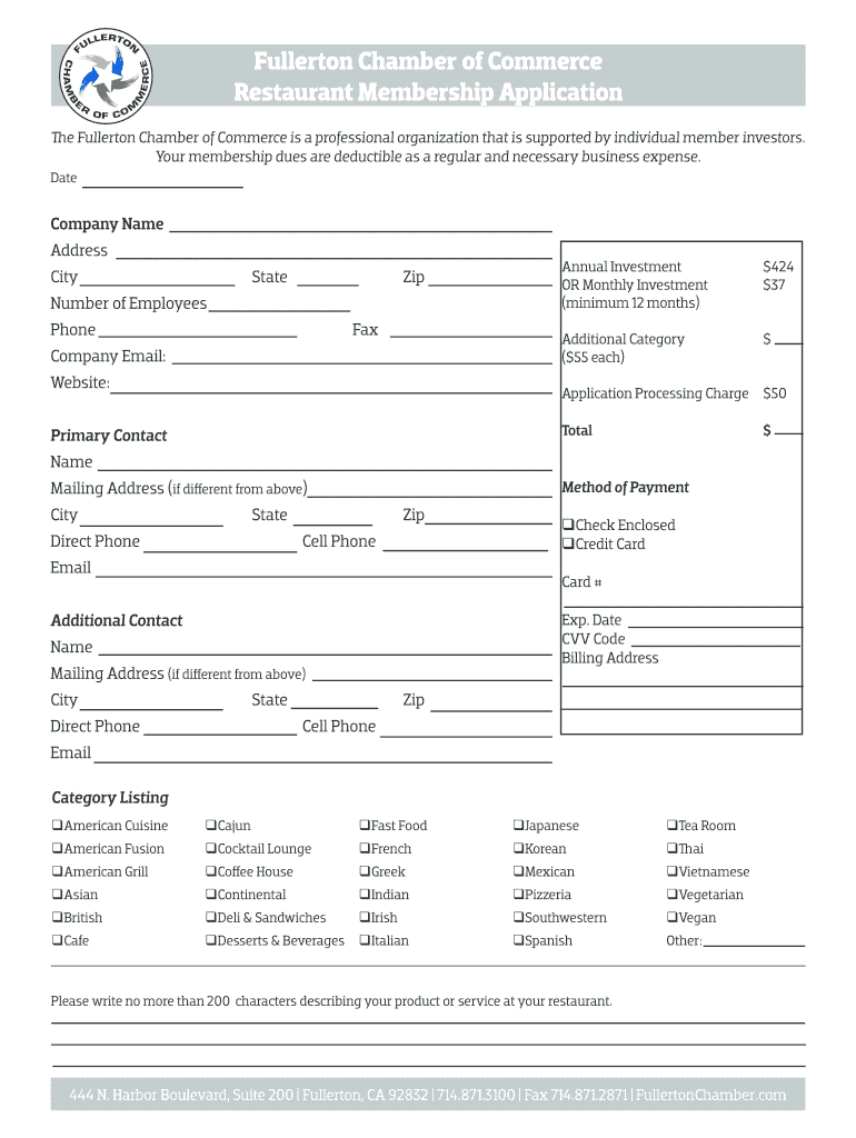 Fillable Online Fullerton Chamber of Commerce Restaurant Membership
