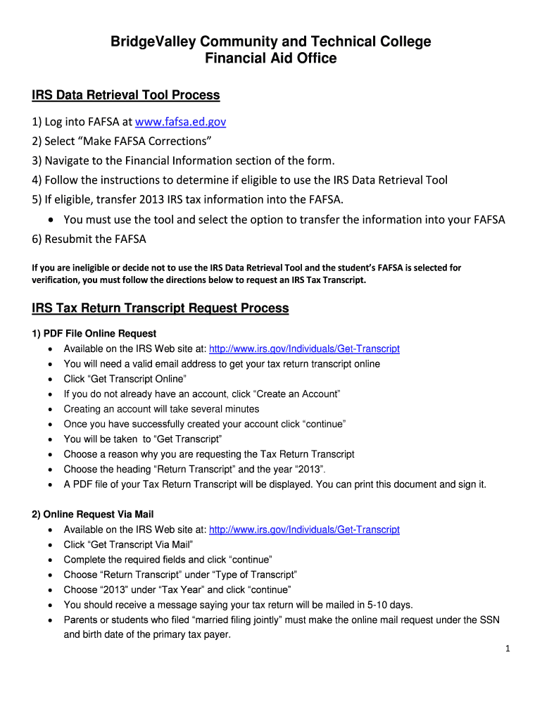 Fillable Online bridgevalley IRS Data Retrieval Tool Process Fax Email Print pdfFiller