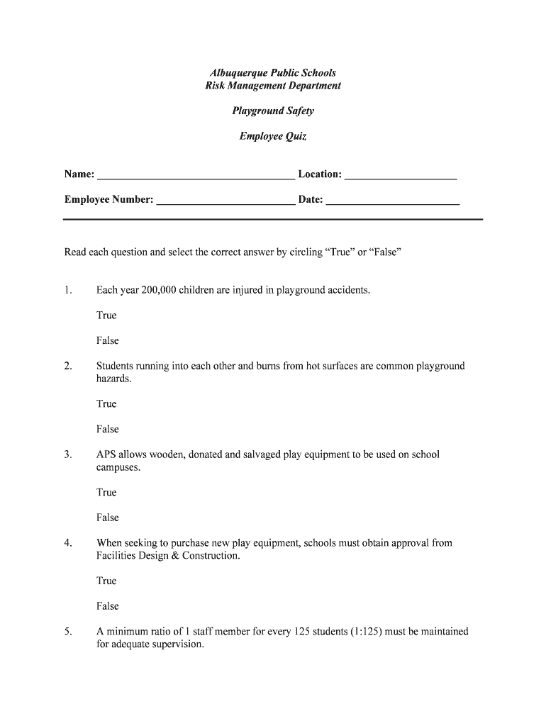 Fillable Online aps Playground Safety Quiz Albuquerque Public Schools