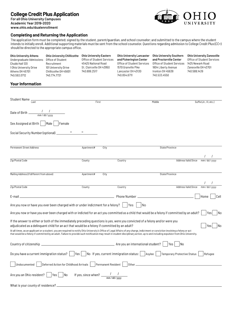 Ohio University College Credit Plus Application 2020 Fill and Sign