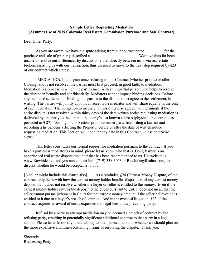 Fillable Online Sample Letter Requesting Mediation (Assumes Use of 2019