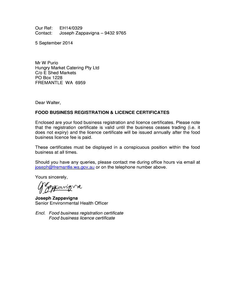 Fillable Online FOOD BUSINESS REGISTRATION & LICENCE CERTIFICATES Fax
