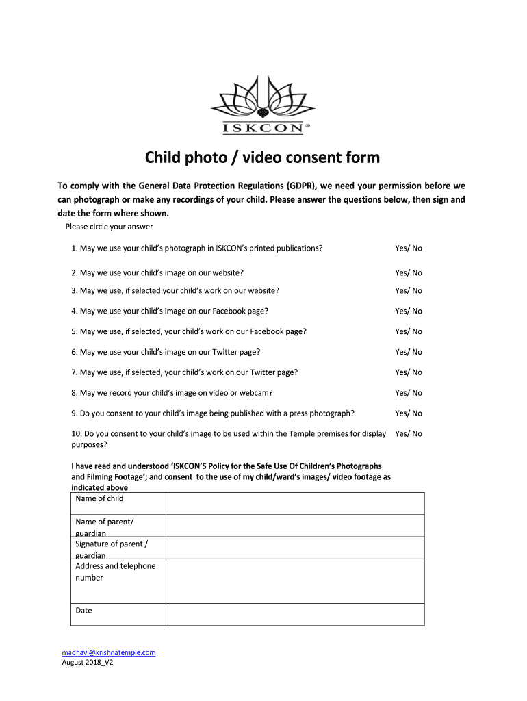 Fillable Online Template Consent form for Photography/Filming Consent
