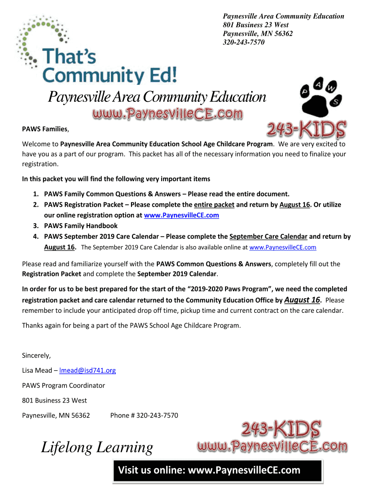 Fillable Online Paynesville Area Community Education 801 Business 23