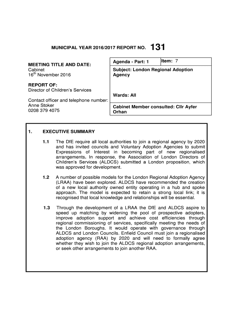 Fillable Online Report 16.11.16 Regionalisation of Adoption