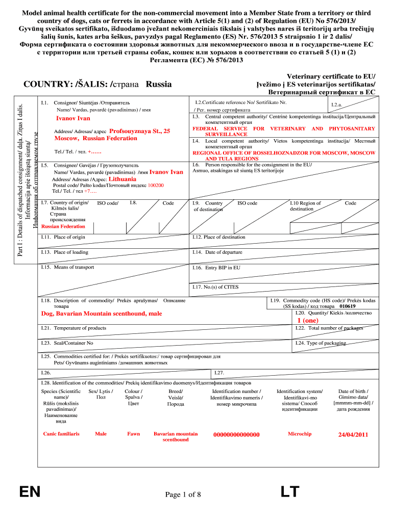 Fillable Online Model animal health certificate for the