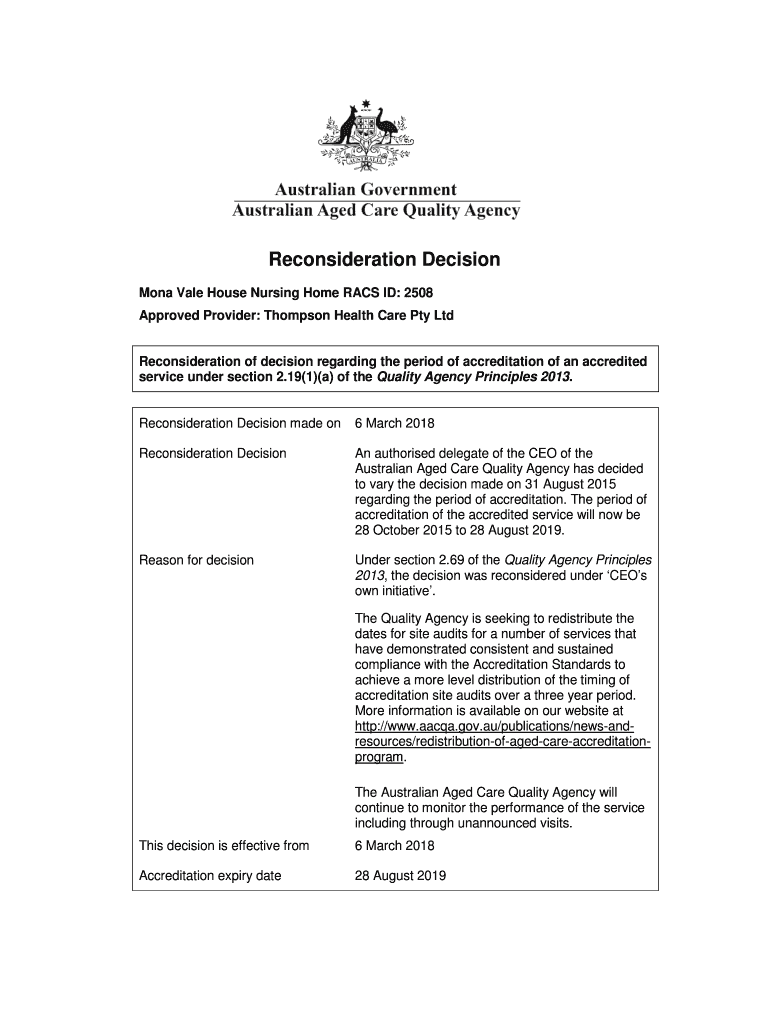 Fillable Online Mona Vale House Nursing Home Aged Care Quality and