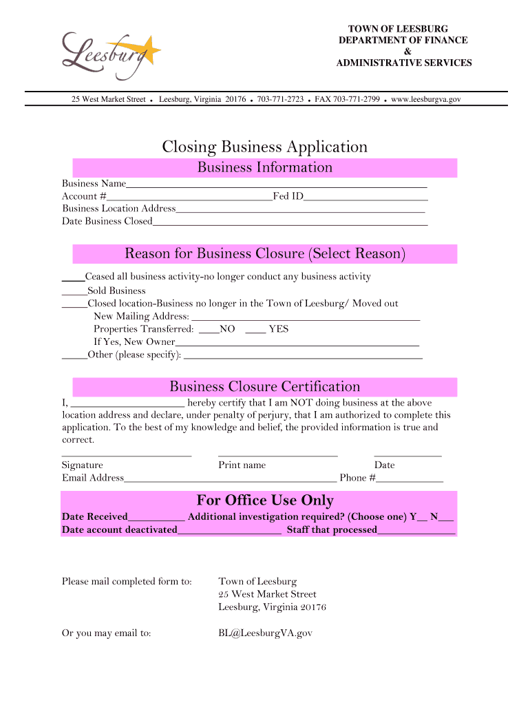Fillable Online Closing Business Application Leesburg Fax Email Print