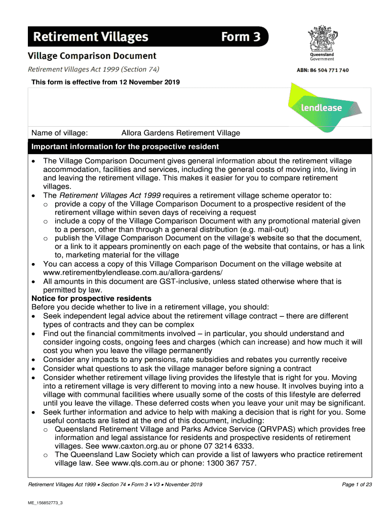 Fillable Online Retirement Villages Form 3 Village Comparison