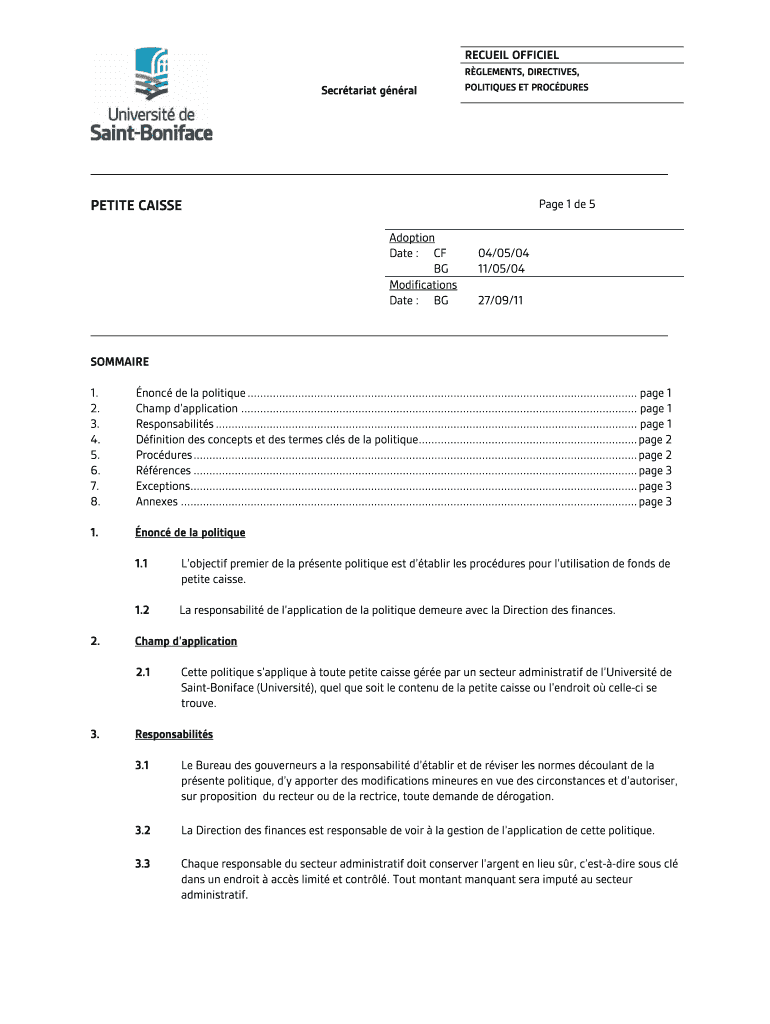 Remplissable En Ligne petite caisse Universit de SaintBoniface Faxer Email Imprimer pdfFiller
