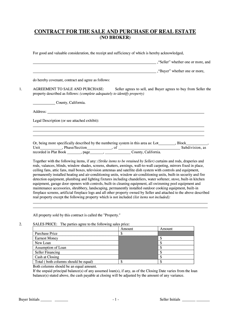Fillable Online California Contract for Sale and Purchase of Real Estate with No Broker for