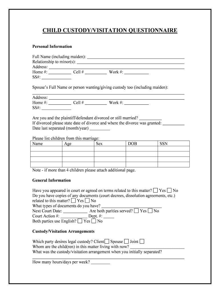 Fill, Edit and Print Child Custody and Visitation Questionnaire Form