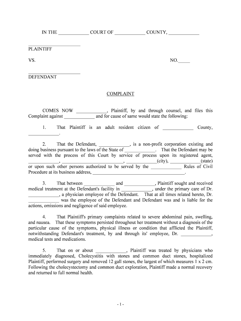 Fill, Edit and Print Complaint for Medical Malpractice regarding