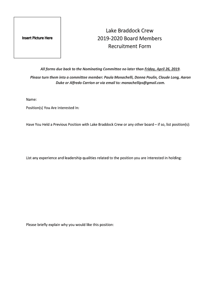 Fillable Online Lake Braddock Crew 20192020 Board Members Recruitment