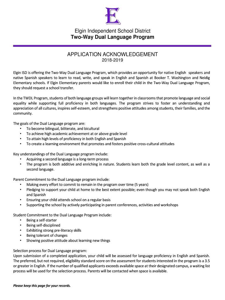 Fillable Online Elgin ISD is offering the TwoWay Dual Language Program