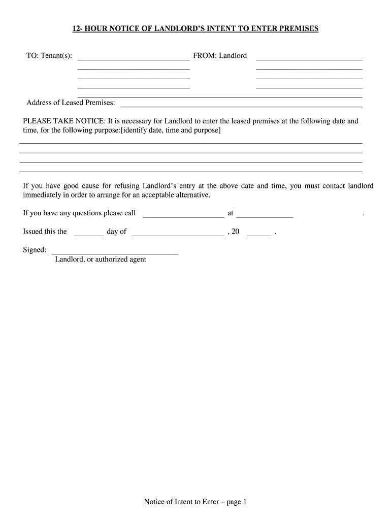 12 Hour Notice of Landlord's Intent to Enter Premises for Residential