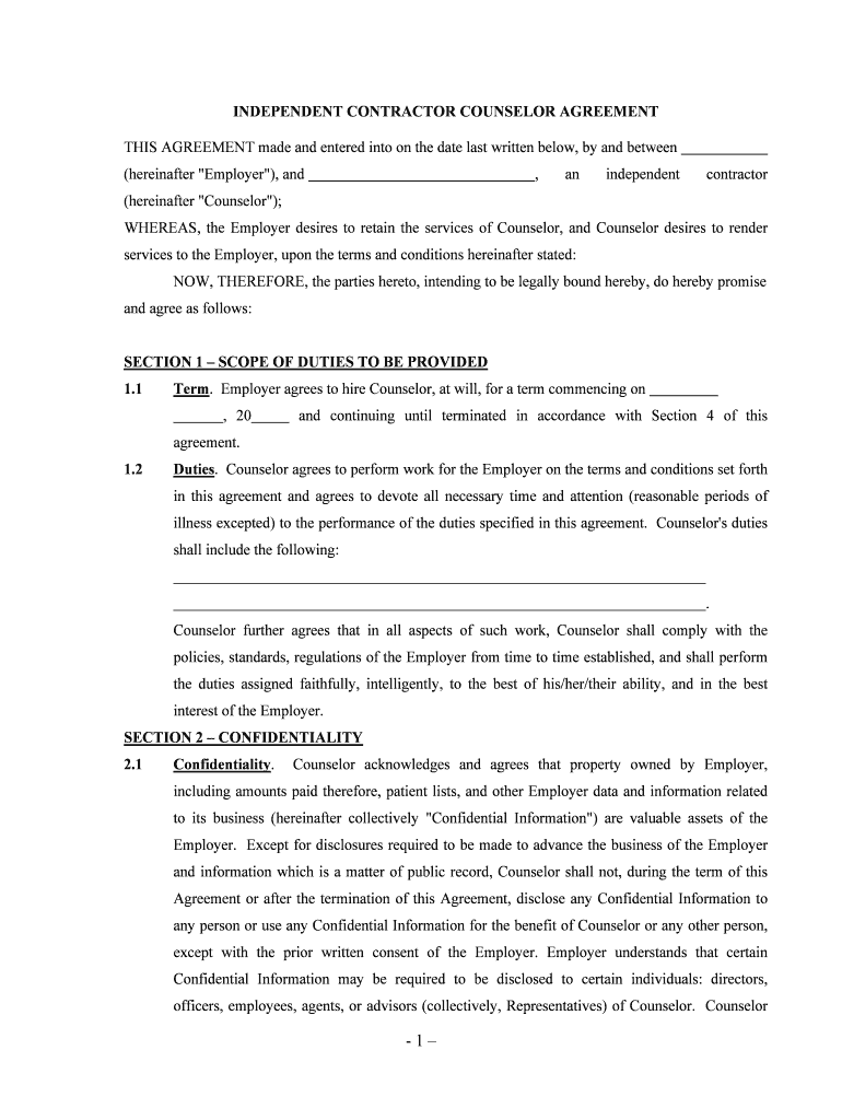 Fill, Edit and Print Counselor Agreement SelfEmployed Independent