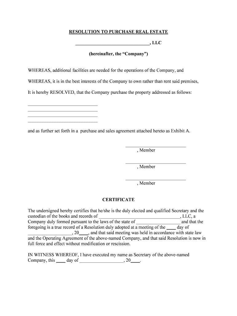 Resolution of Meeting of LLC Members to Purchase Real Estate Form