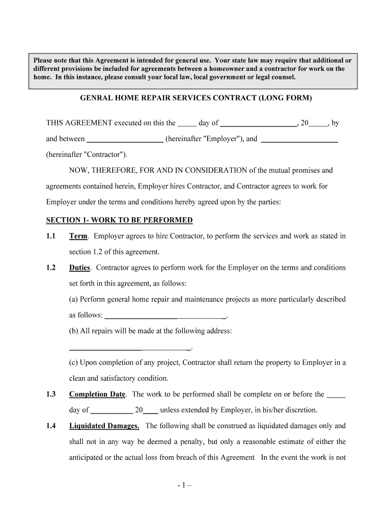 Fill, Edit and Print General Home Repair Services Contract Long Form