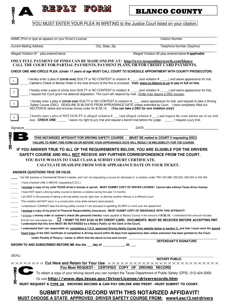 Fillable Online FORM 1 STANDARD REPLY FORM Kosse, Texas! Fax Email