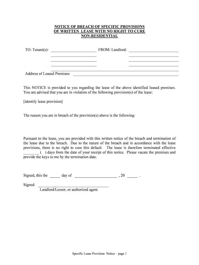 Fill, Edit and Print Notice of Breach of Written Lease for Violating