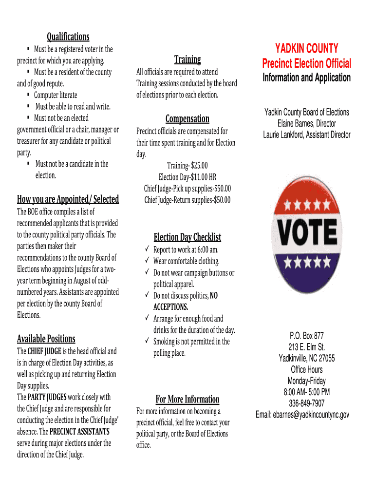 Fillable Online YADKIN COUNTY Precinct Election Official Fax Email Print pdfFiller