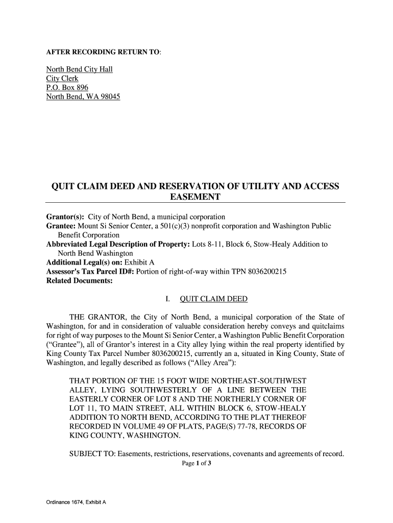 Fillable Online QUIT CLAIM DEED AND RESERVATION OF UTILITY AND ACCESS