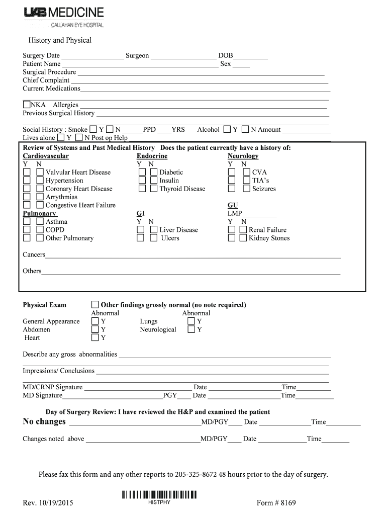 Fillable Online History and Physical for Surgery/Procedure Form Fax
