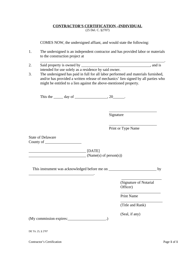 Contractor's Certification to Owner Individual Delaware Fill out