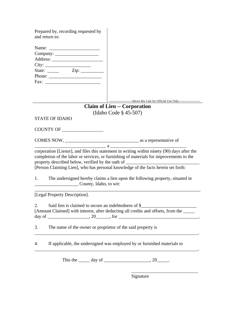 Claim of Lien by Corporation or LLC Idaho Fill out & sign online
