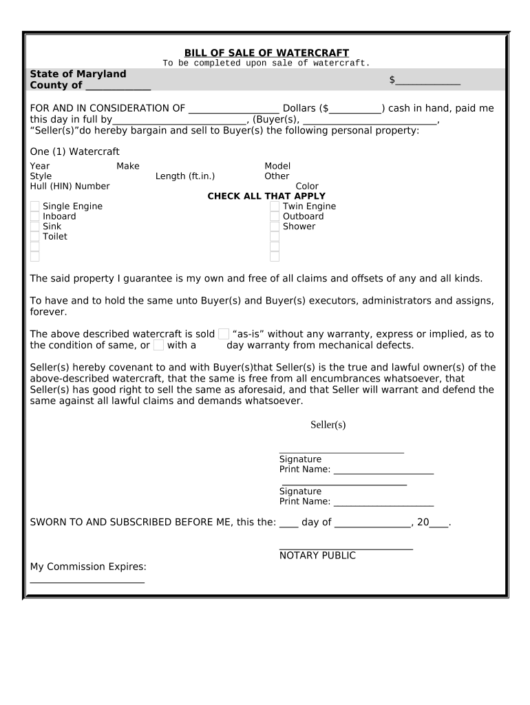 Bill of sale for boat and trailer in maryland Fill out & sign online