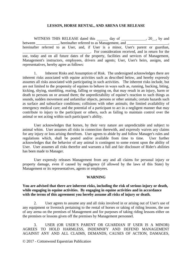 Lesson, Horse Rental or Lease, and Arena Use Release Horse Equine