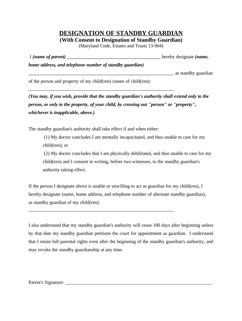 Statutory Designation of Standby Guardian Maryland Doc Template