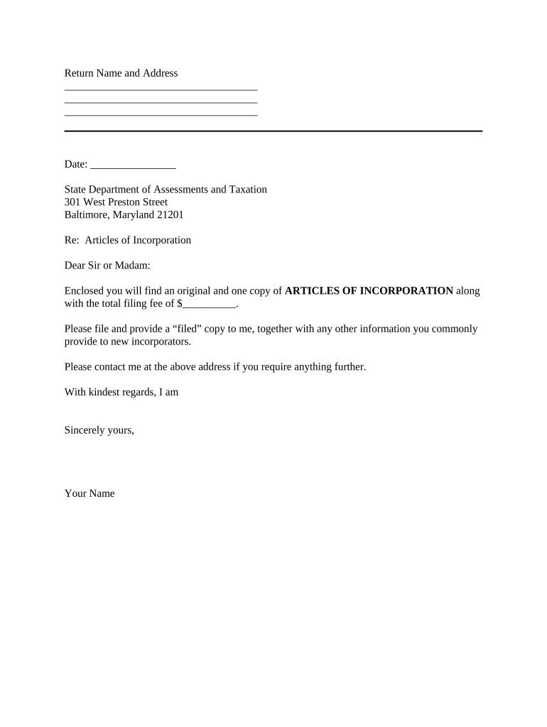 Sample Transmittal Letter for Articles of Incorporation Maryland Doc Template pdfFiller