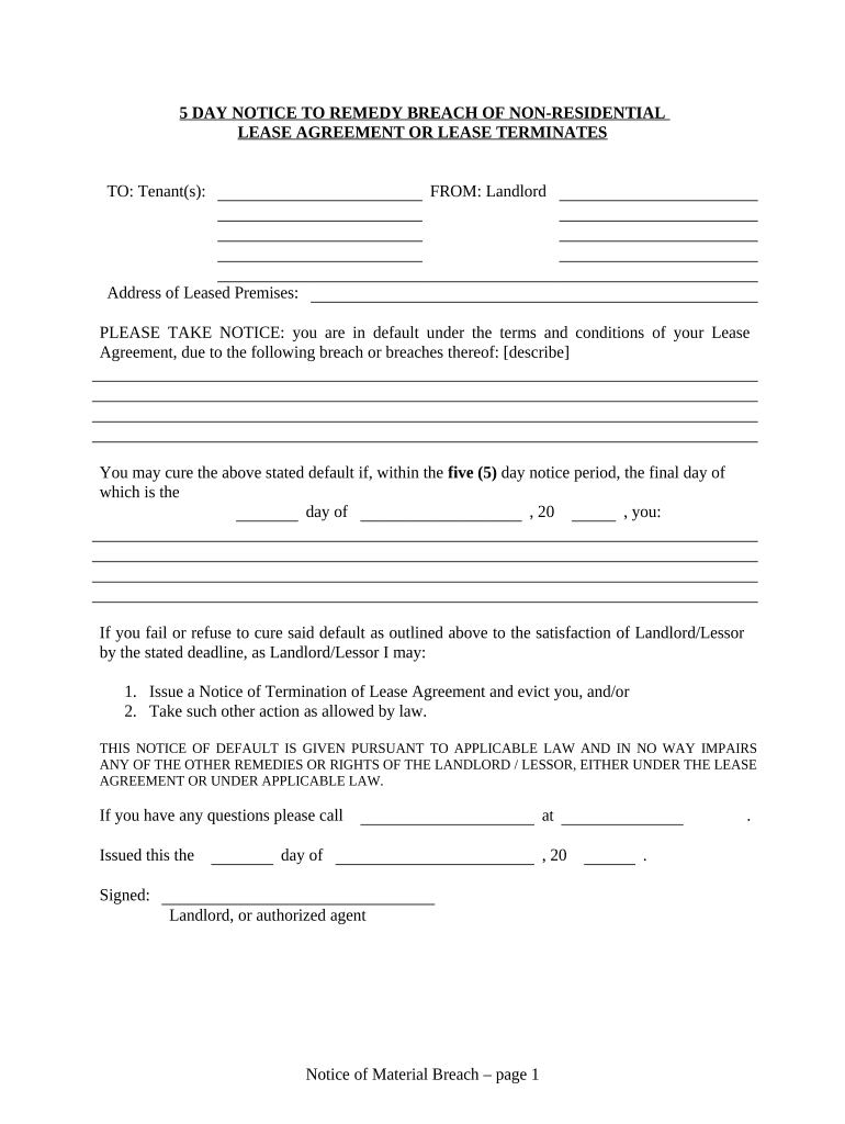 5 Day Notice to Remedy Breach of Lease or Lease Terminates