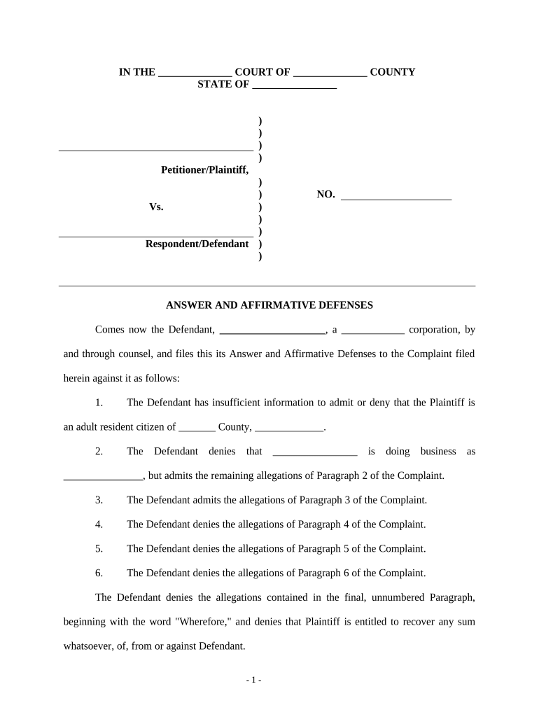 affirmative defenses slip fall Doc Template pdfFiller