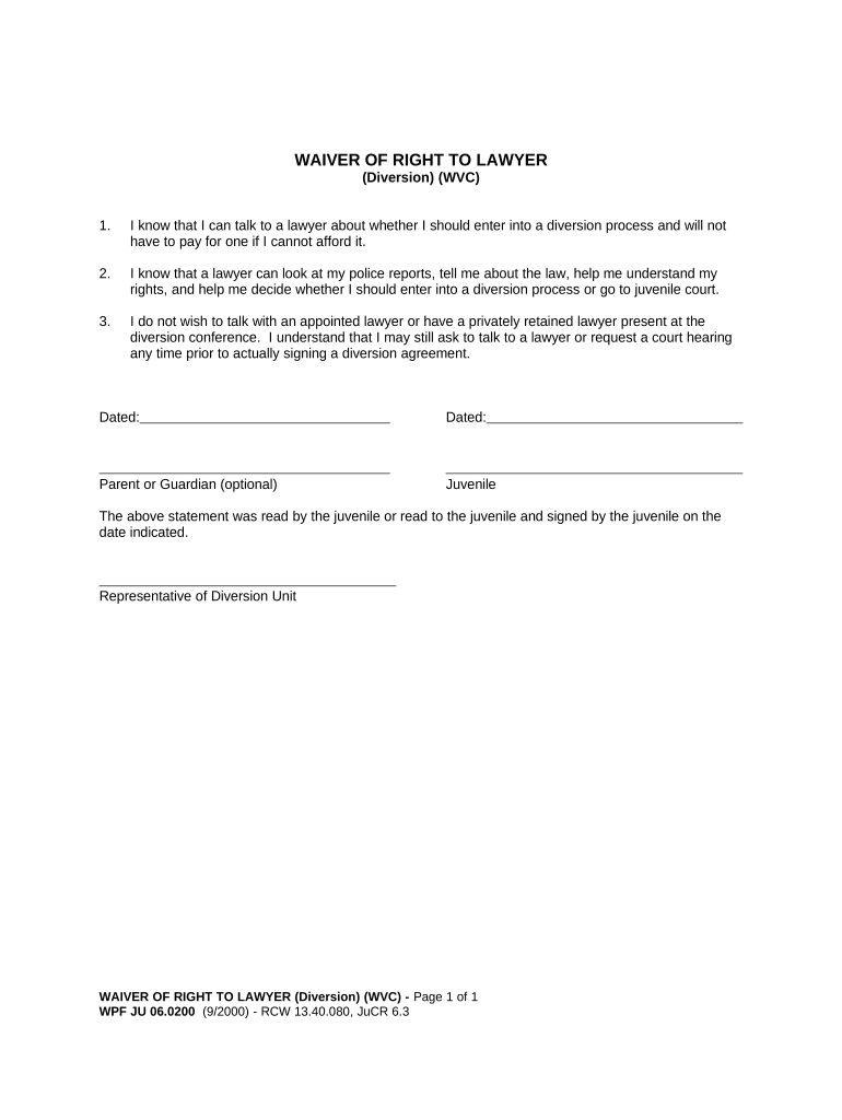 JU 06.0200 Waiver of Right to Lawyer Washington Doc Template