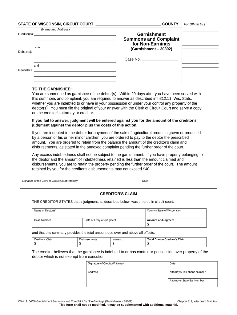 wisconsin garnishment Doc Template pdfFiller