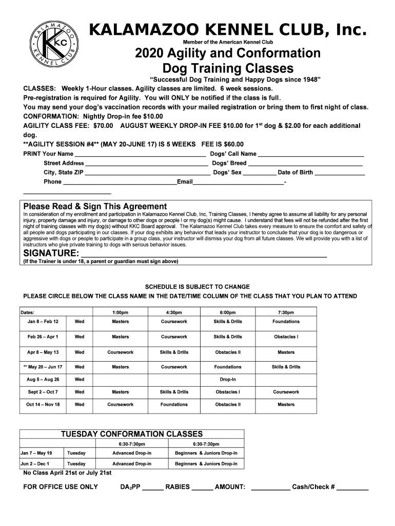 Fillable Online Agility Kalamazoo Kennel Club AKC Member Club Fax