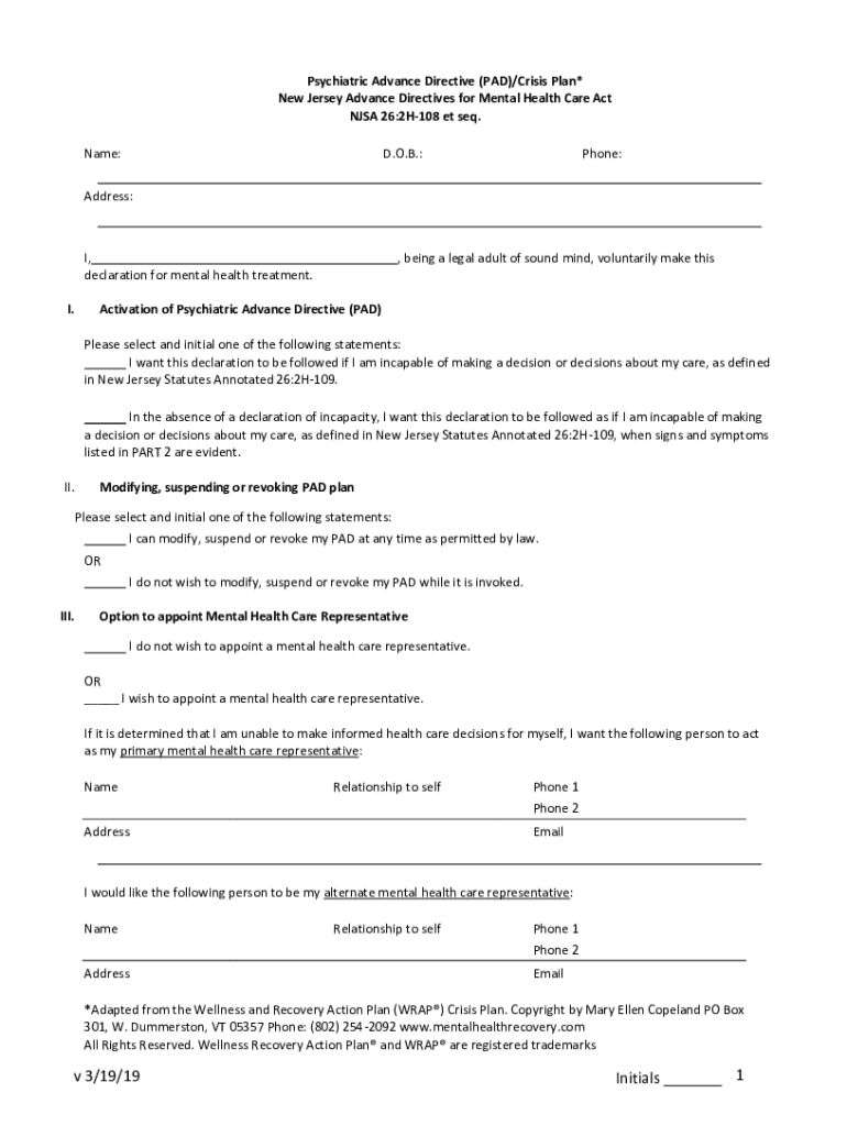 Fillable Online Psychiatric Advance Directive (PAD)/Crisis Plan* Fax