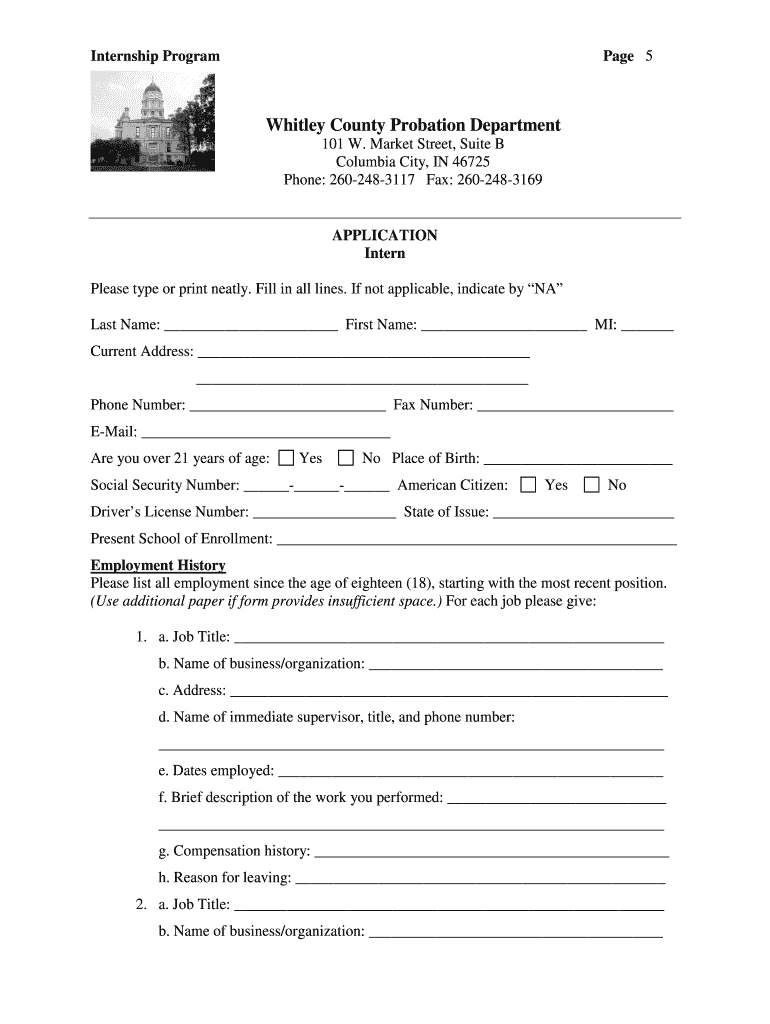 Fillable Online Probation Department Internship Whitley County