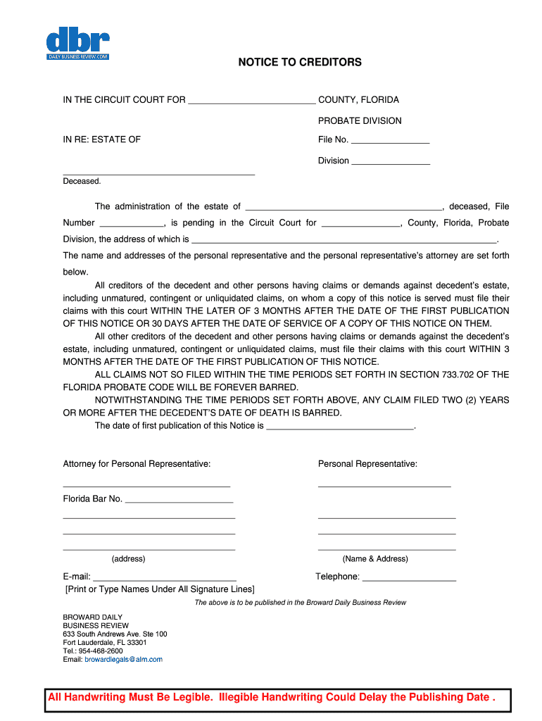 Fillable Online ProbateNotice to Creditors Fax Email Print pdfFiller