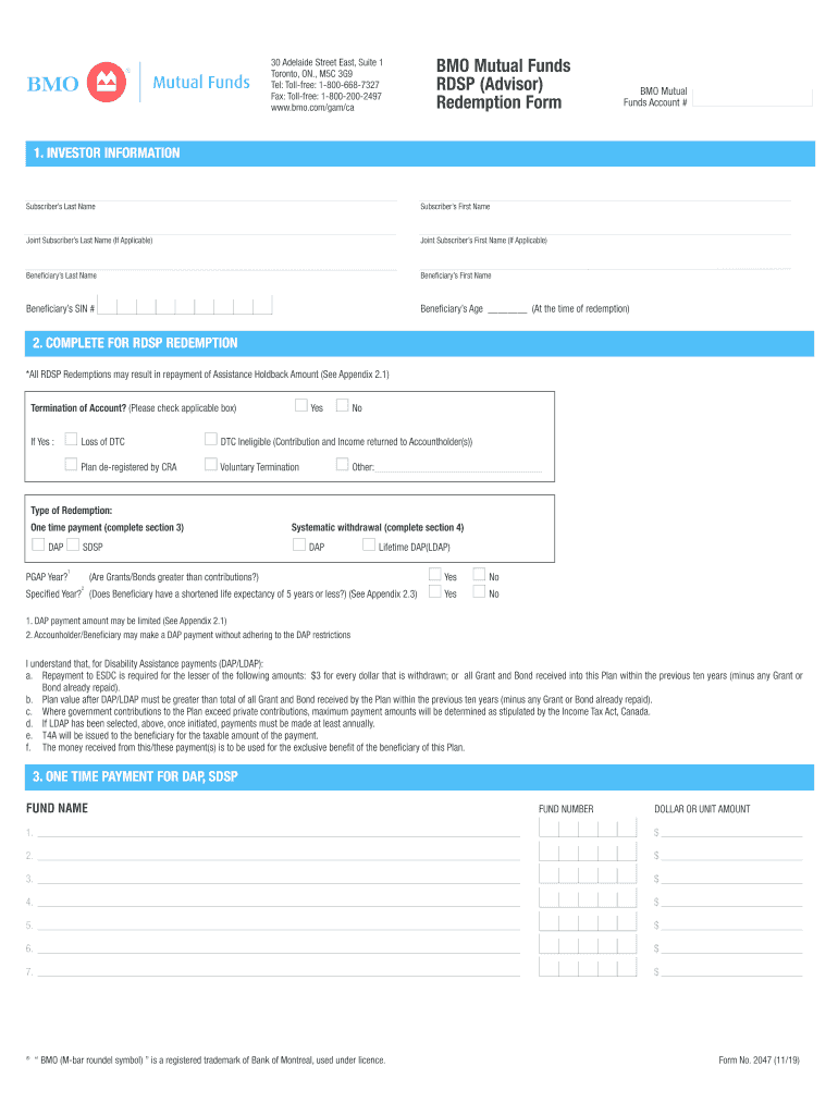 Canada BMO Mutual Funds Form 2047 20192021 Fill and Sign Printable