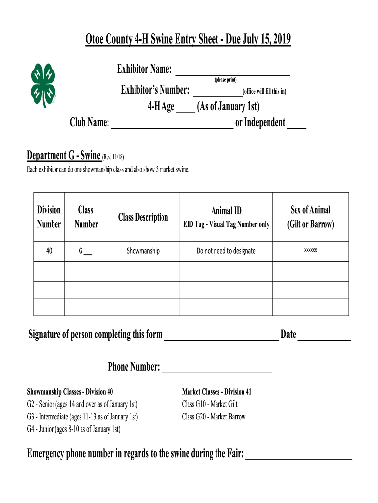 Fillable Online Otoe County 4 H Swine Entry Sheet Due July 15, 2019 Fax