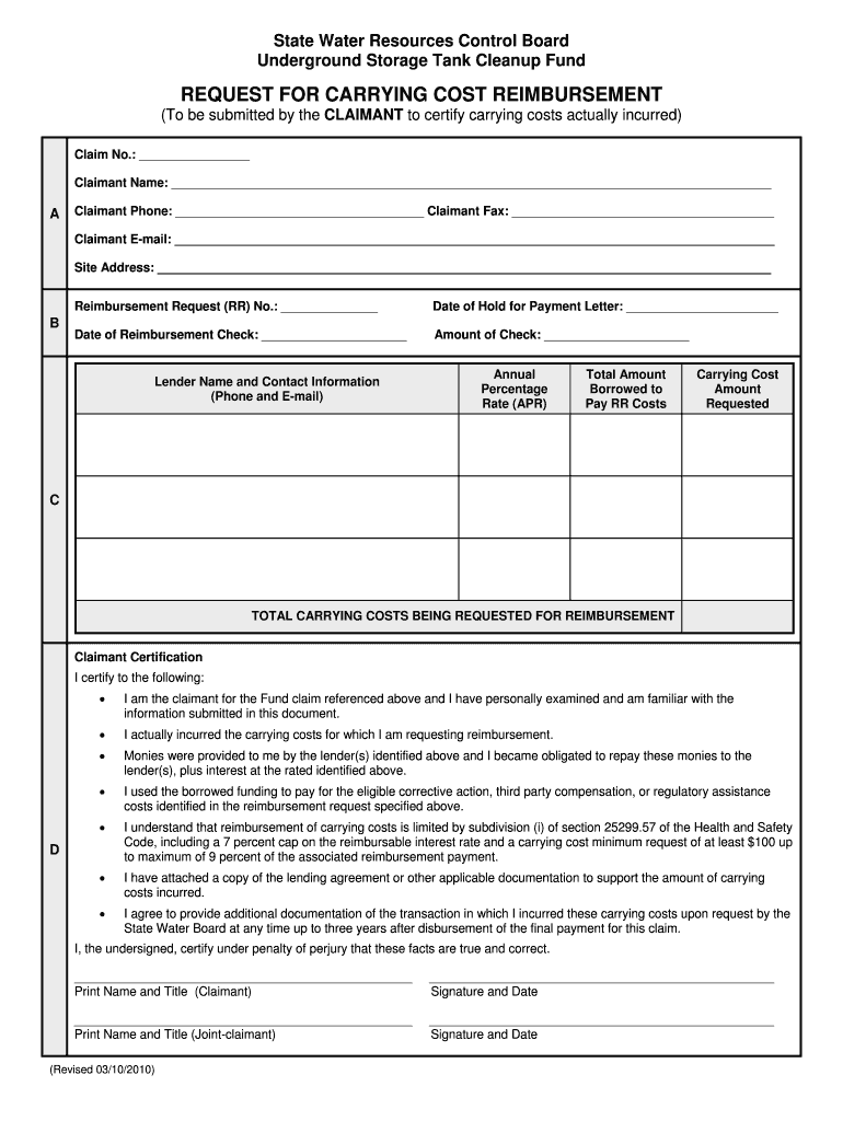 Fillable Online waterboards ca Request for carrying cost reimbursement