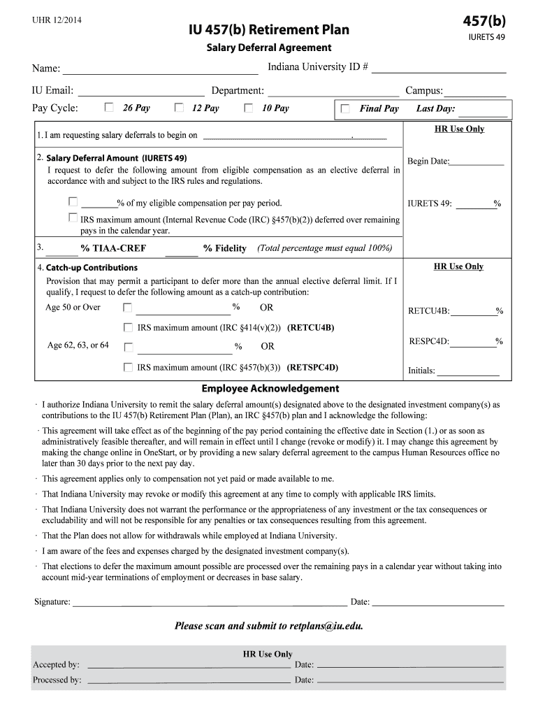 Fillable Online indiana Salary Deferral Agreement University Human